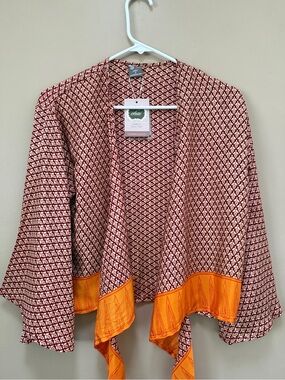 Chai Boho Open Front Cardigan with Orange Trim- BB